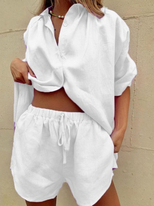 Women’s Solid Color Short Sleeve Shirt & Shorts Set, 6 Colors