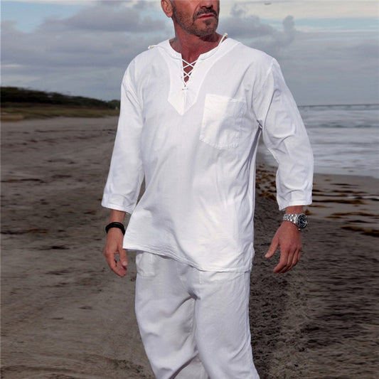 Men's casual solid color lace-up beach cotton and linen suit, Shop The Look, 2 colors