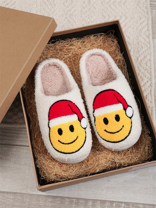 New Cute Cartoon Smiling Christmas Hat Cotton Slippers for Men and Women Couple Slippers