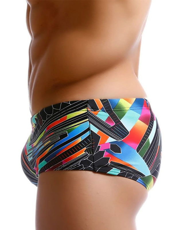 Men's Colorful Lines Geometric Irregular Print Boxer Swim Shorts, 1 color