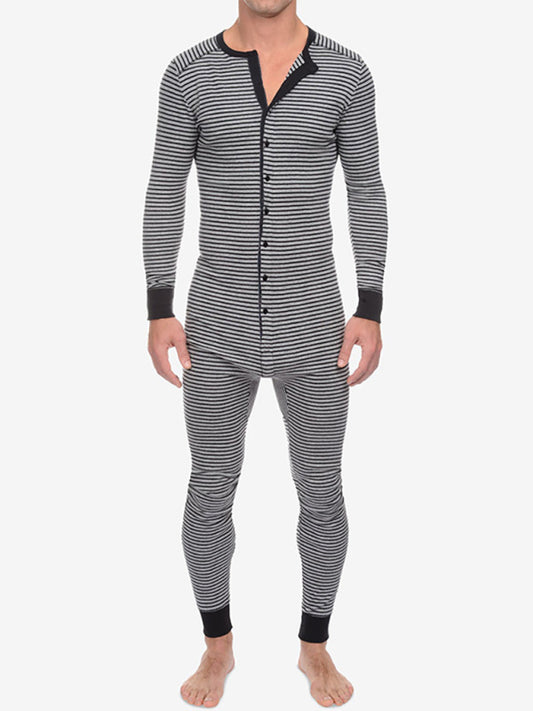 Men's Slim Striped Print Crew Neck Button Long Sleeve Trousers One Piece Pajama, 2 colors