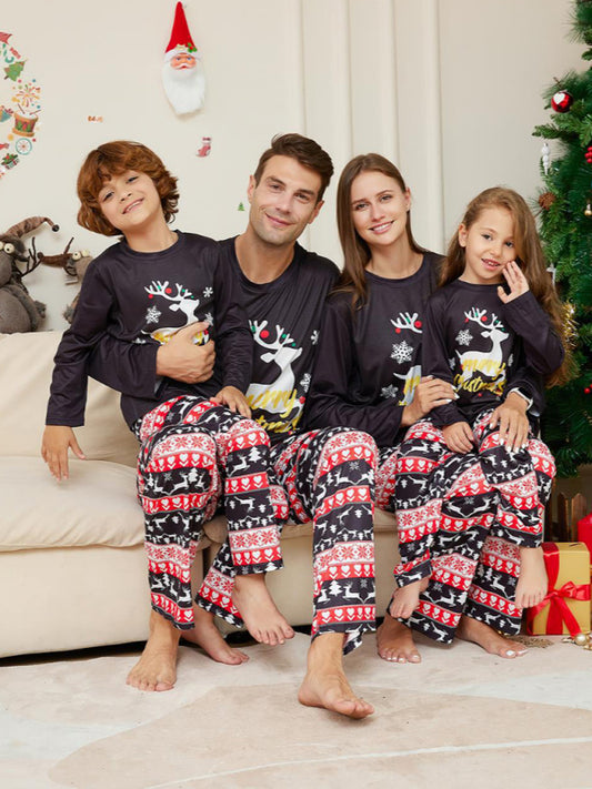 Christmas Cartoon Elk Letter Round Neck Parent-Child Home Clothes Set Pajamas