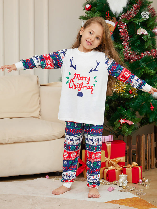 Christmas Cartoon Letters Home Clothes Deer Antler Print Parent-Child Pajamas Set