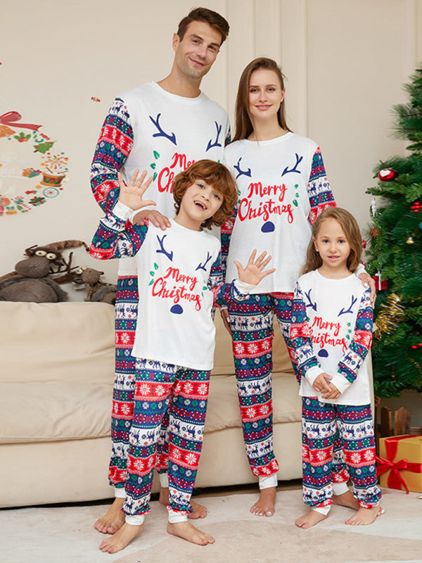 Christmas Cartoon Letters Home Clothes Deer Antler Print Parent-Child Pajamas Set