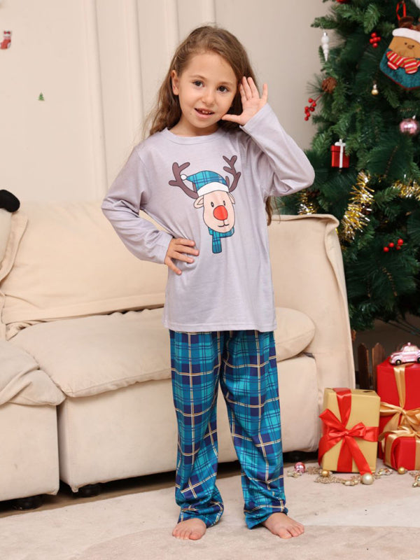 Christmas Cartoon Deer Head Blue Plaid Round Neck Long Sleeve Parent-Child Family Pajamas Set