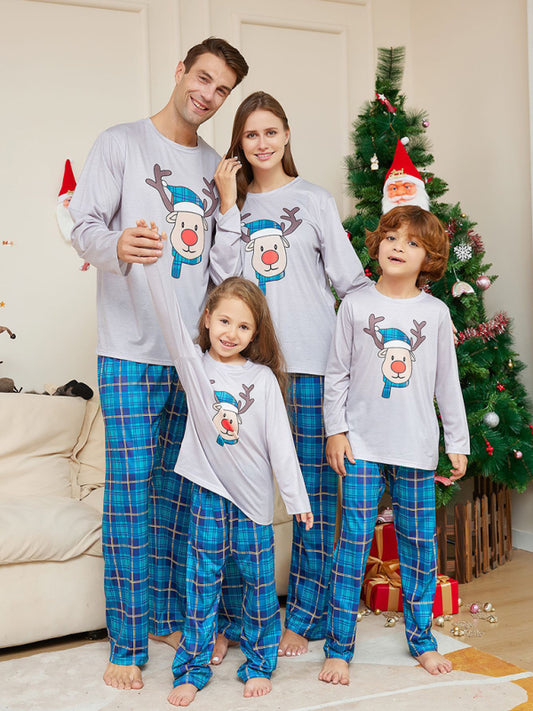 Christmas Cartoon Deer Head Blue Plaid Round Neck Long Sleeve Parent-Child Family Pajamas Set