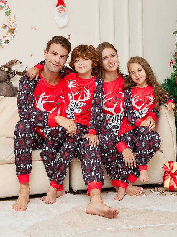 Family Christmas Pajama Set, Cartoon Letter Print, Red