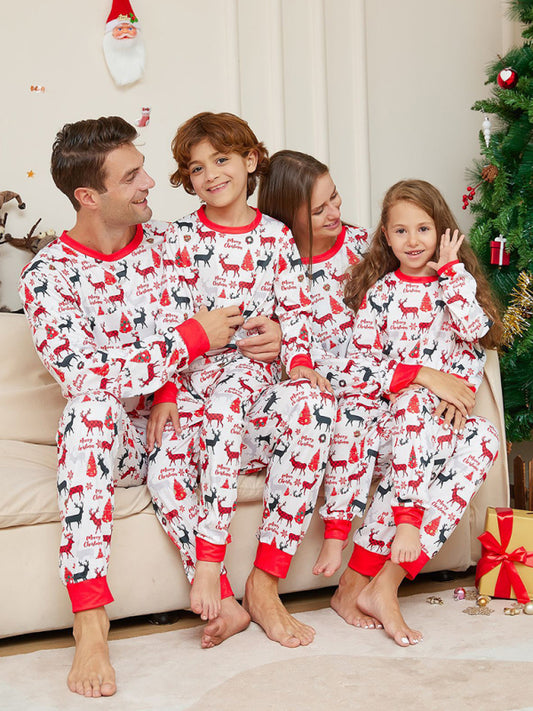 New cartoon full flower deer print parent-child Christmas pajamas home wear long-sleeved set