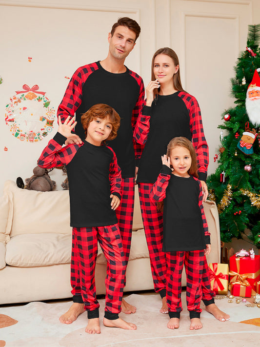 New Christmas solid color plaid print parent-child home wear pajamas set
