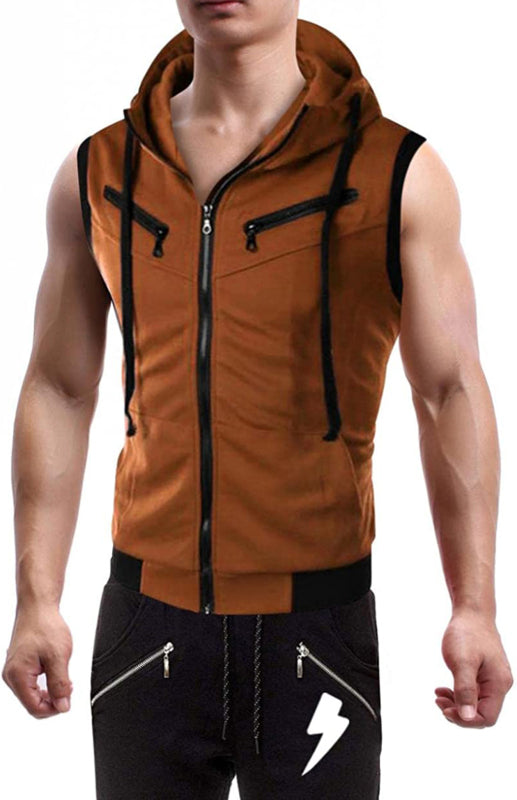 Men's Hooded Sleeveless Vest Solid Color Casual Slim Vest, 6 colors