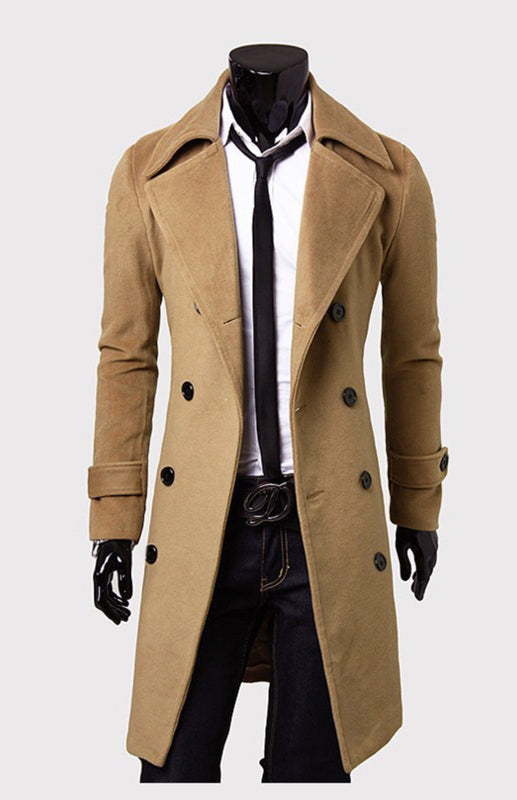 Men's Double Breasted Lengthened Simple Wool Coat, 3 Colors
