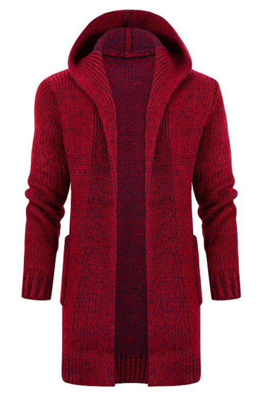 Men's Mid Length Hooded Knit Cardigan Horn Buckle Hooded Long Sweater, 3 colors