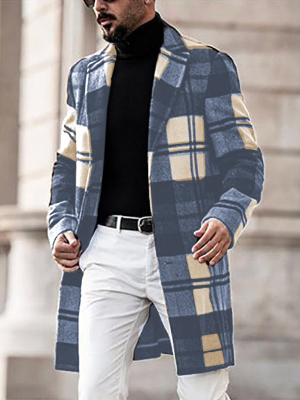 Men's Casual Fashion Plaid Coat Mid Length Coat, 1 pattern