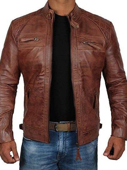 Men's faux Leather Jacket Stand Collar Punk Motorcycle Slim Fit, 1 color