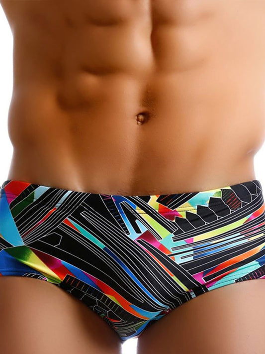 Men's Colorful Lines Geometric Irregular Print Boxer Swim Shorts, 1 color