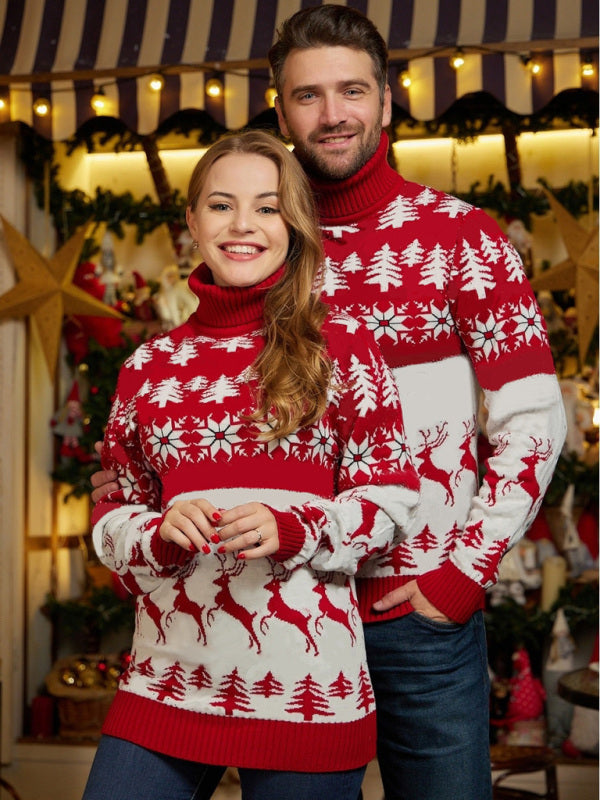 High Neck Christmas Theme Jacquard Couple Long Sleeve Sweater, 2 colors