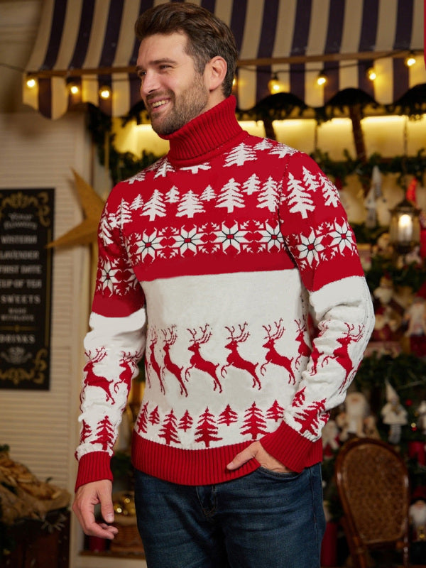 High Neck Christmas Theme Jacquard Couple Long Sleeve Sweater, 2 colors