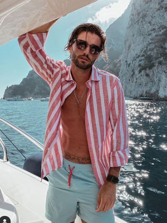 New European and American men's casual comfortable lapel striped beach print long-sleeved shirt, 2 colors