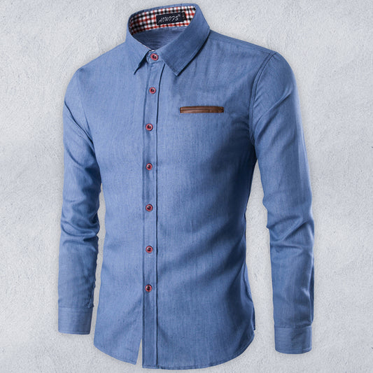 Men's Casual Shirt Pocket Patch Leather Long Sleeve Shirt Denim Shirt, 2 colors