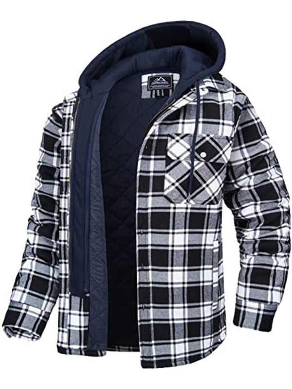 Men’s Plaid Pattern Flannel Contrast With Quilted Lined Hoodie Shirt Jacket, 4 patterns