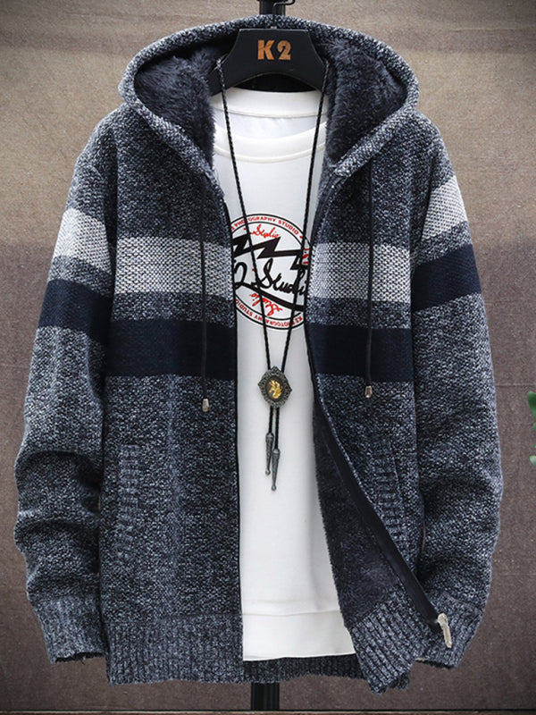 Fleece sweater cardigan Contrast color jacket youth slim fit hooded, 5 colors