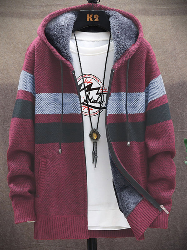 Fleece sweater cardigan Contrast color jacket youth slim fit hooded, 5 colors