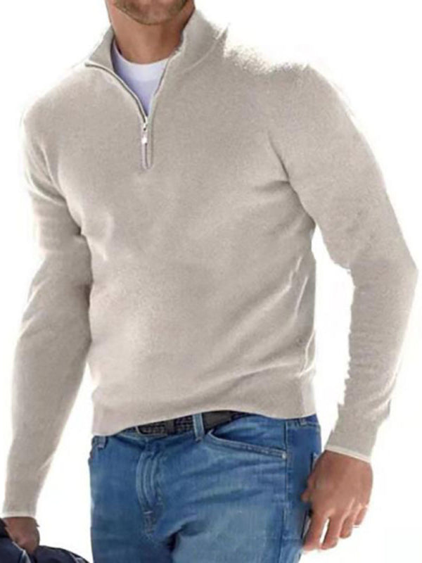Long Sleeve V Neck Wool Fleece Zipper Men's Casual Top Polo Shirt,8 colors