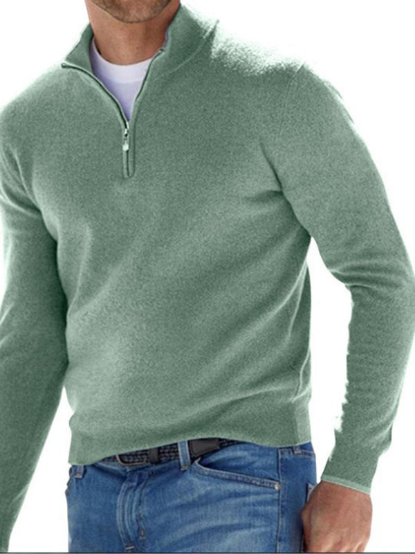 Long Sleeve V Neck Wool Fleece Zipper Men's Casual Top Polo Shirt,8 colors