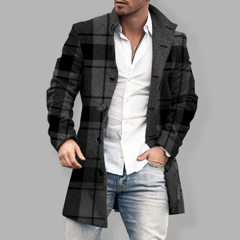 Men's woolen stand collar mid-length pocket casual coat, 4 Colors