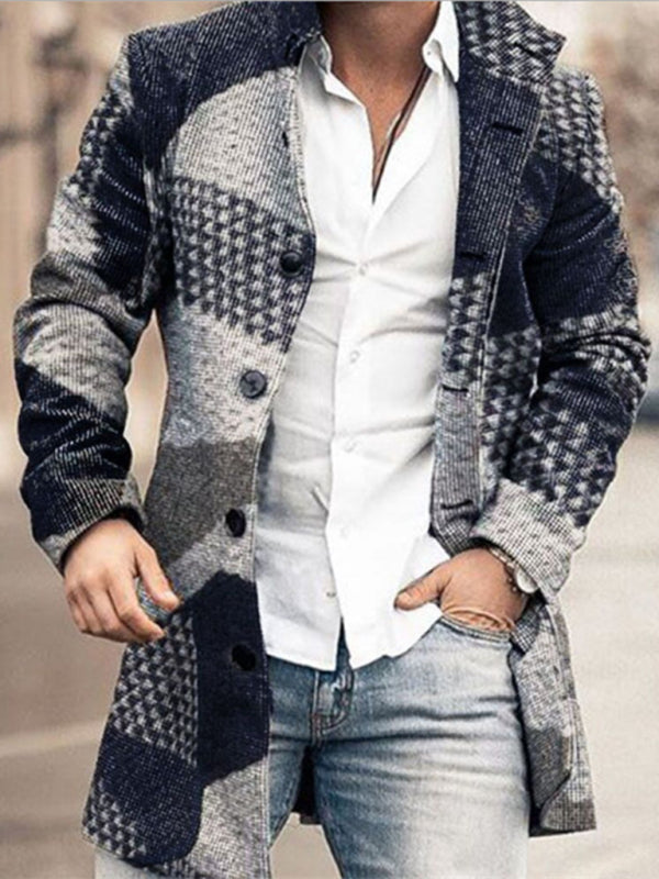 Men's woolen stand collar mid-length pocket casual coat, 4 Colors