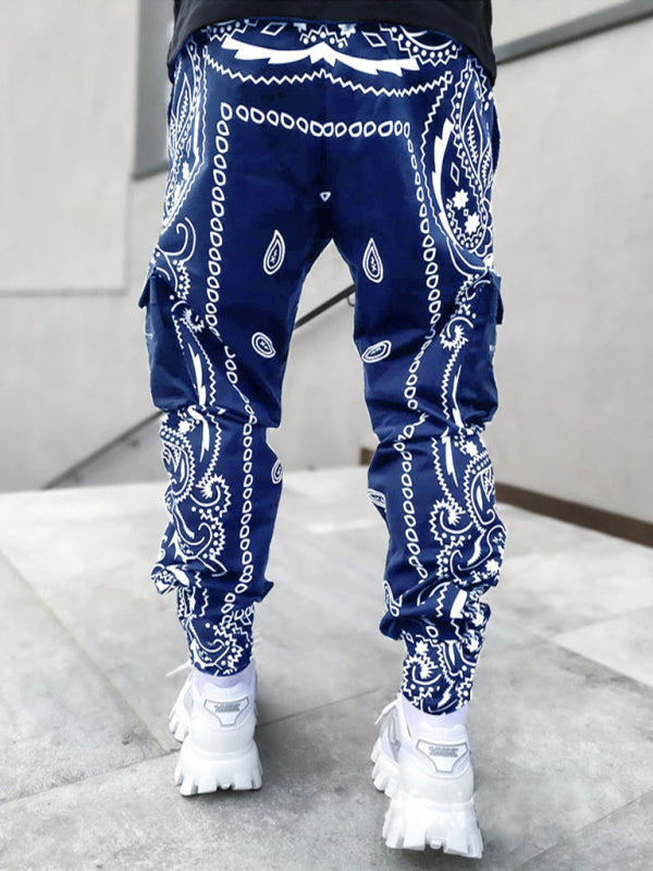 New printed cashew flower harem pants men's loose high street multi-pocket overalls, 4 colors