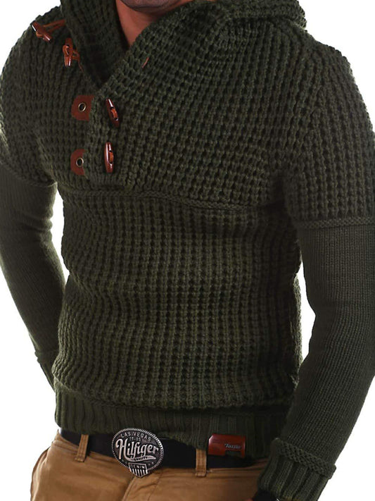 Men's Solid Color Lapel Collar Diagonal Button Horn Button Pullover Sweater, 4 colors