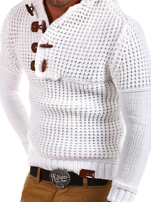Men's Solid Color Lapel Collar Diagonal Button Horn Button Pullover Sweater, 4 colors