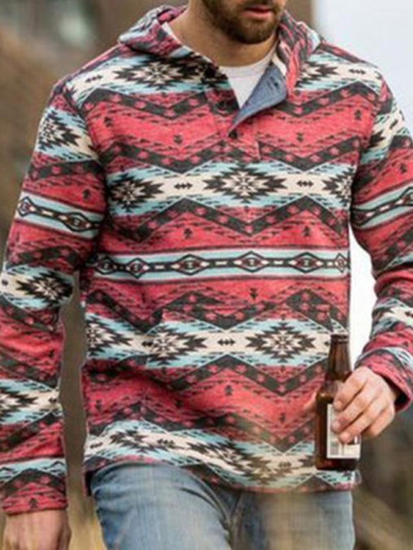 Men's retro geometric print long sleeve hoodie, 1 color