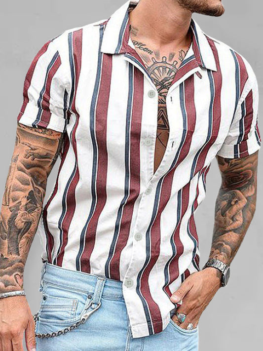 Casual striped slim-fit lapel cotton thin youth short-sleeved lapel shirt cardigan, 1 color