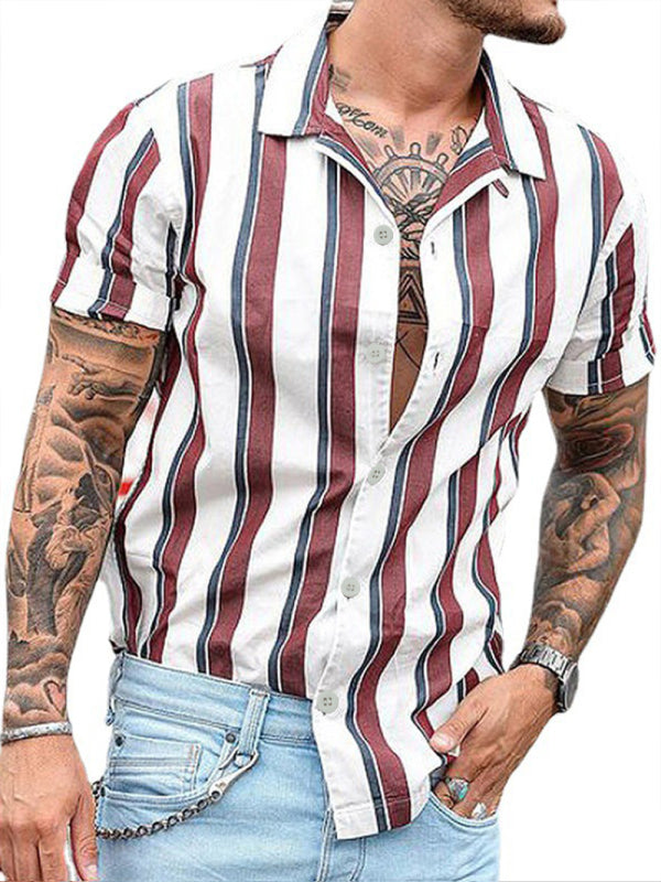 Casual striped slim-fit lapel cotton thin youth short-sleeved lapel shirt cardigan, 1 color