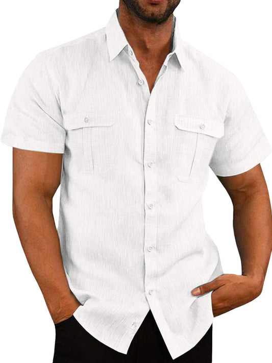 Men's Shirt Double Pocket Cotton Linen Short Sleeve Shirt Casual Vacation Shirt, 7 colors