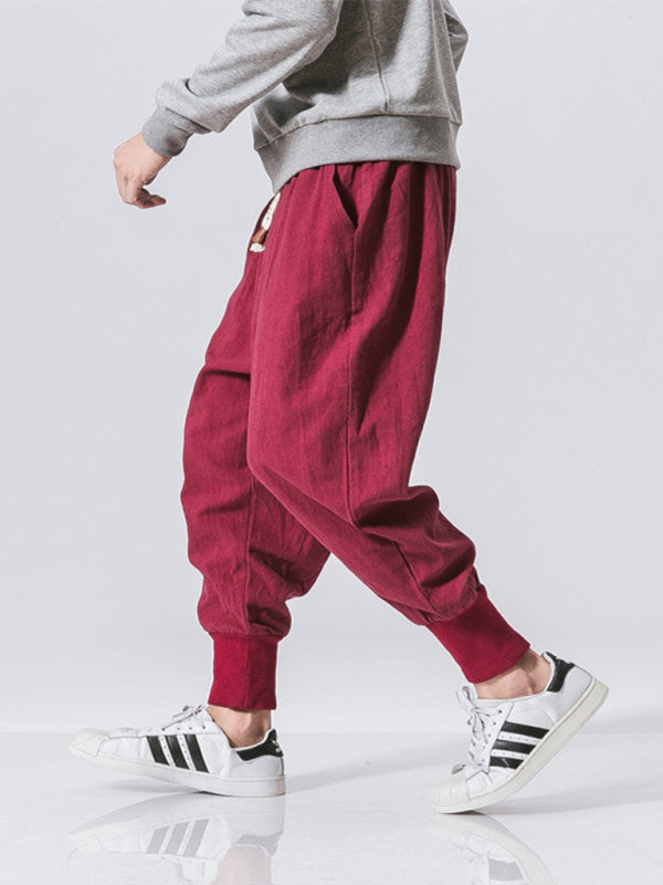 Linen Pants Men's Hip Hop Breathable Cotton Linen Trousers Solid Color Bloomers Casual Pants, 3 colors