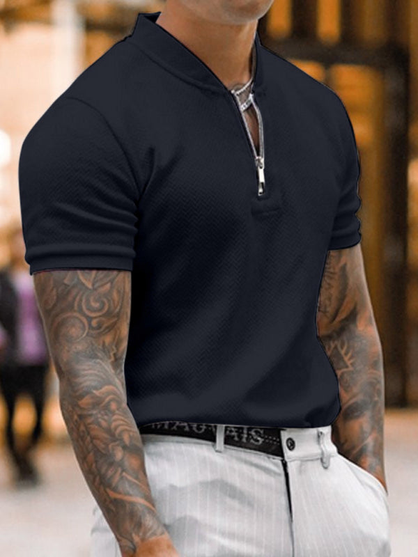 Men's Solid Color Zipper Stand Collar Casual Short Sleeve T-Shirt, 5 colors