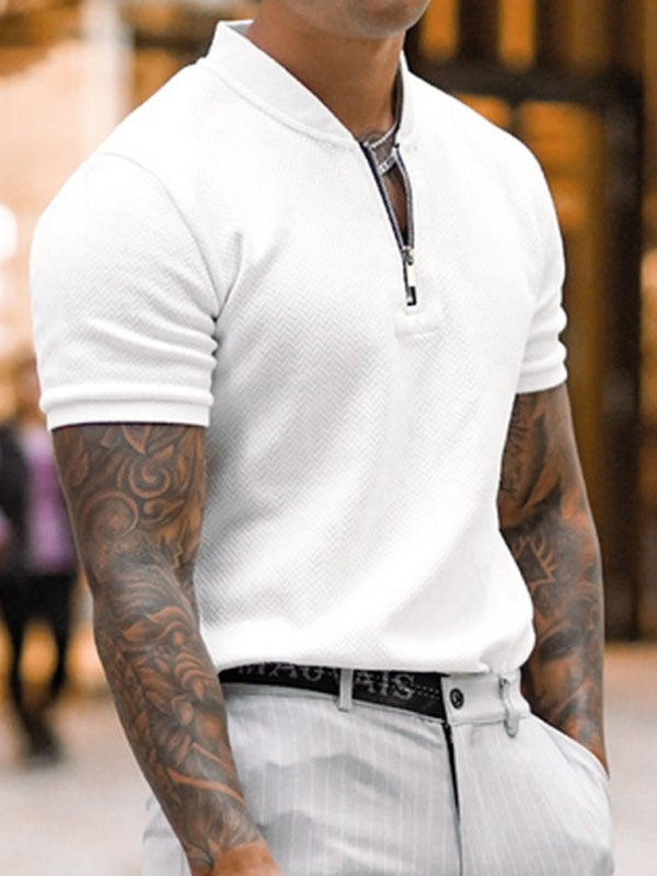 Men's Solid Color Zipper Stand Collar Casual Short Sleeve T-Shirt, 5 colors