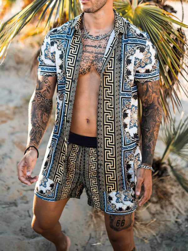 Men's printed lapel short-sleeved shirt + shorts casual suit, Shop the Look, 2 colors
