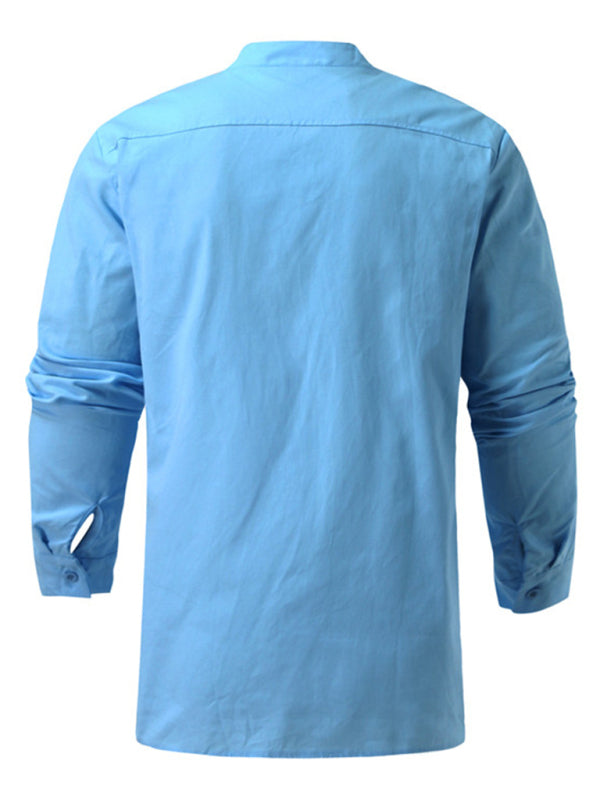 Men's Woven Retro Lace Up Casual Long Sleeve Shirt with Stand Collar,6 colors