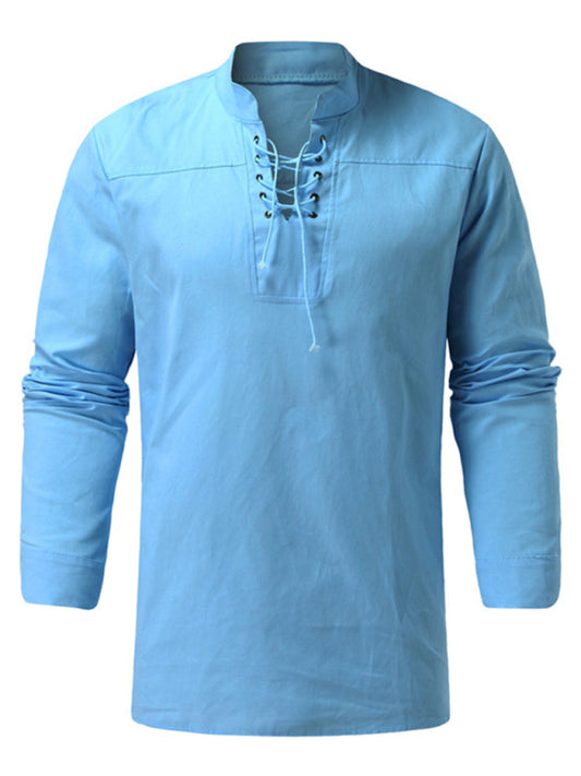 Men's Woven Retro Lace Up Casual Long Sleeve Shirt with Stand Collar,6 colors