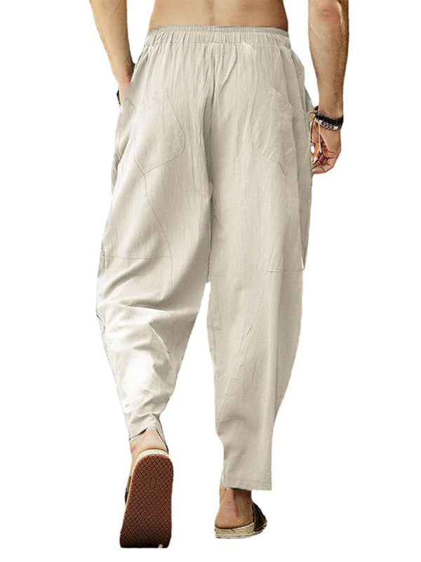 Men's casual loose cotton and linen drawstring hip-hop lantern pencil pants, 7 colors