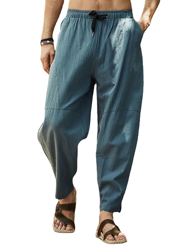 Men's casual loose cotton and linen drawstring hip-hop lantern pencil pants, 7 colors