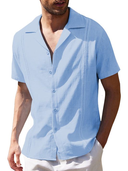Men's Loose Casual Linen Shirt Cuban Guayabera Short Sleeve Beach Shirt, 5 colors
