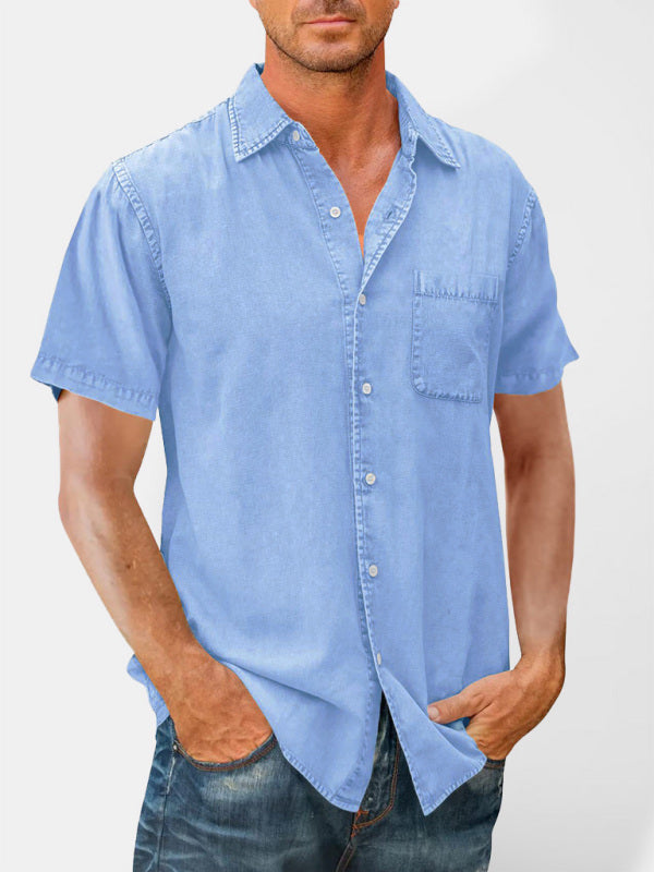 Men's Casual Solid Color Short Sleeve Shirt Slim Fit Lapel Shirt, 5 colors