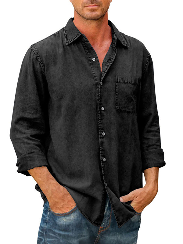 Men's Casual Solid Color Long Sleeve Shirt Slim Fit Lapel Shirt, 7 colors