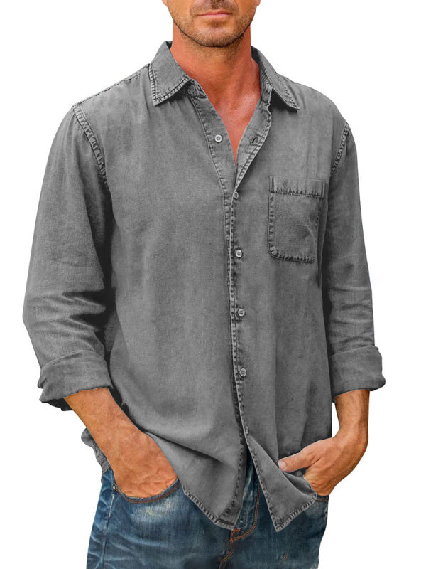 Men's Casual Solid Color Long Sleeve Shirt Slim Fit Lapel Shirt, 7 colors