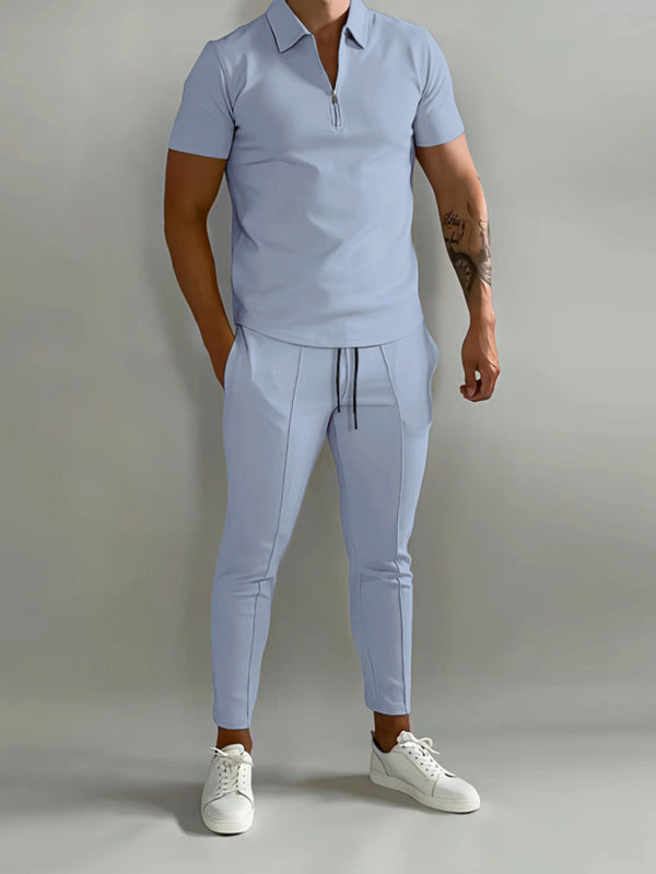 Men's solid color lapel short-sleeved POLO shirt + trousers two-piece suit, Shop the Look, 5 colors